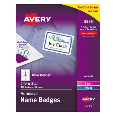 AVERY Flexible Adhesive Name Badge Labels, 3.38x2.33, Wht/Blue Border, PK400 05895